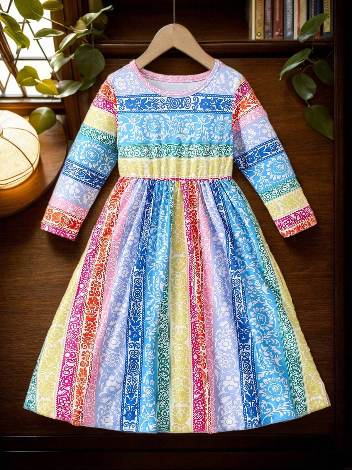 Toddler Girls' Colorful Dopamine Striped Floral Print Long Sleeve Dress, Fashionable And Versatile For Spring, Summer, Fall And Winter