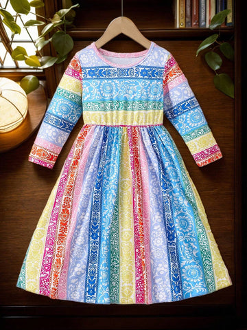 Toddler Girls' Colorful Dopamine Striped Floral Print Long Sleeve Dress, Fashionable And Versatile For Spring, Summer, Fall And Winter