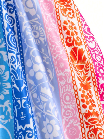 Toddler Girls' Colorful Dopamine Striped Floral Print Long Sleeve Dress, Fashionable And Versatile For Spring, Summer, Fall And Winter