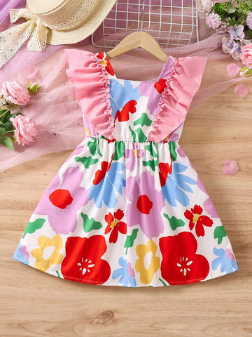 Toddler Girls' Colorful Floral Print Dress With Ruffle Hem For Summer