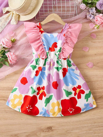 Toddler Girls' Colorful Floral Print Dress With Ruffle Hem For Summer
