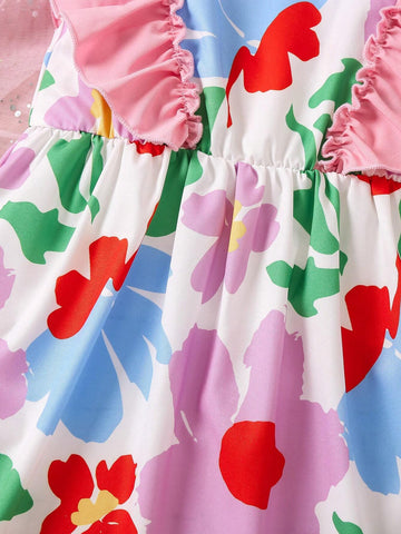 Toddler Girls' Colorful Floral Print Dress With Ruffle Hem For Summer