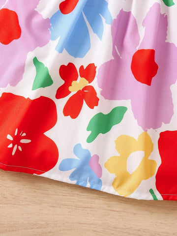 Toddler Girls' Colorful Floral Print Dress With Ruffle Hem For Summer