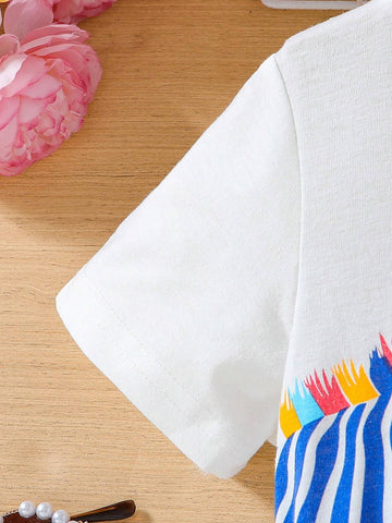 Toddler Girls Colorful Zebra Print Short Sleeve Round Neck Casual Cute Dress For Spring And Summer