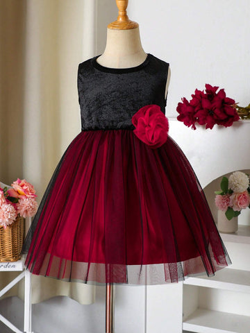 Toddler Girls' Contrast Color 3D Floral Velvet & Mesh Patchwork Party Dress, Suitable For Autumn & Winter
