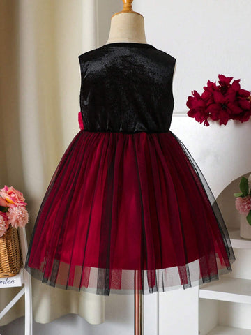 Toddler Girls' Contrast Color 3D Floral Velvet & Mesh Patchwork Party Dress, Suitable For Autumn & Winter