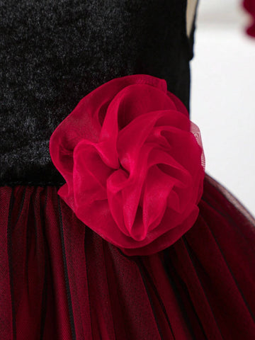 Toddler Girls' Contrast Color 3D Floral Velvet & Mesh Patchwork Party Dress, Suitable For Autumn & Winter