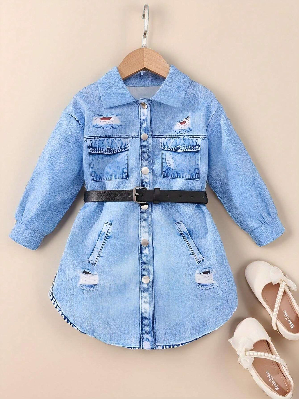 Toddler Girls" Cool Korean Style Denim Print Long Sleeve Button-Up Shirt Dress With Belt, Autumn/Winter