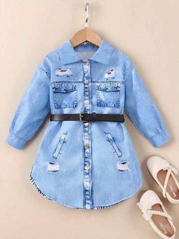 Toddler Girls" Cool Korean Style Denim Print Long Sleeve Button-Up Shirt Dress With Belt, Autumn/Winter