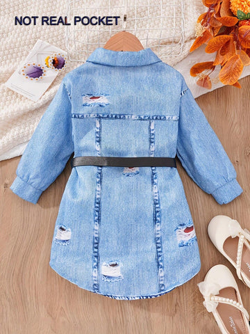 Toddler Girls" Cool Korean Style Denim Print Long Sleeve Button-Up Shirt Dress With Belt, Autumn/Winter