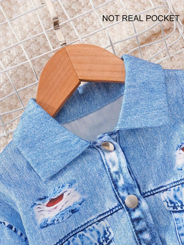 Toddler Girls" Cool Korean Style Denim Print Long Sleeve Button-Up Shirt Dress With Belt, Autumn/Winter