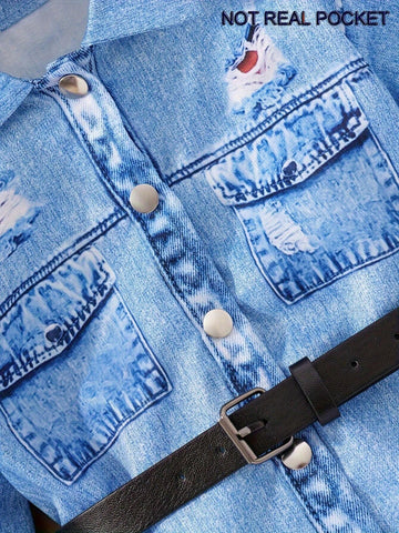 Toddler Girls" Cool Korean Style Denim Print Long Sleeve Button-Up Shirt Dress With Belt, Autumn/Winter
