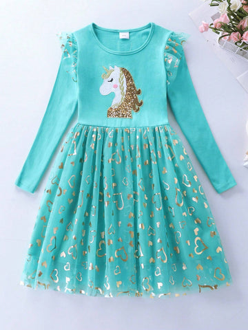 Toddler Girls' Cotton Cartoon Unicorn Embroidered Party Dress, Long Sleeve, Back To School, Autumn