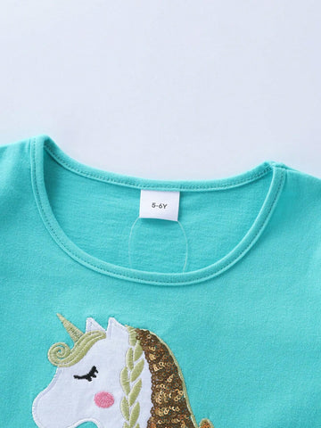 Toddler Girls' Cotton Cartoon Unicorn Embroidered Party Dress, Long Sleeve, Back To School, Autumn