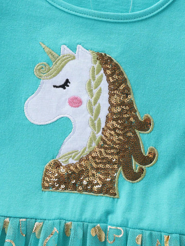 Toddler Girls' Cotton Cartoon Unicorn Embroidered Party Dress, Long Sleeve, Back To School, Autumn