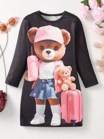 Toddler Girls' Cute 3D Bear Print Casual Dress, Fall New Arrival