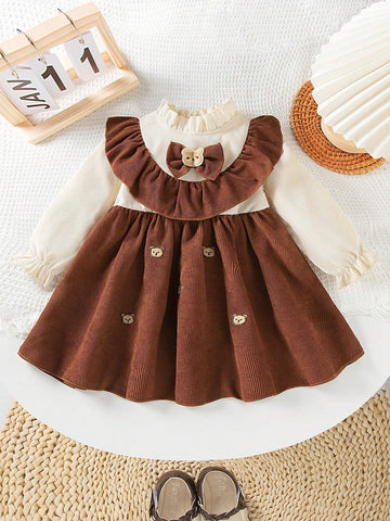 Toddler Girls Cute Bear Embroidered Corduroy Warm Casual 2 In 1 Dress, For Autumn/Winter