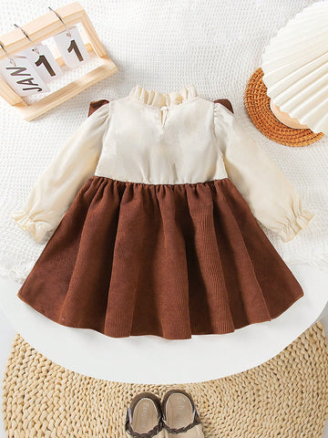 Toddler Girls Cute Bear Embroidered Corduroy Warm Casual 2 In 1 Dress, For Autumn/Winter