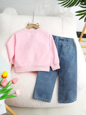 Toddler Girls Cute Bear Print Cartoon Letter 3D Floral Decor Trendy Minimalist Spring Autumn Design