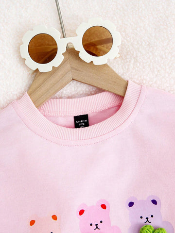 Toddler Girls Cute Bear Print Cartoon Letter 3D Floral Decor Trendy Minimalist Spring Autumn Design