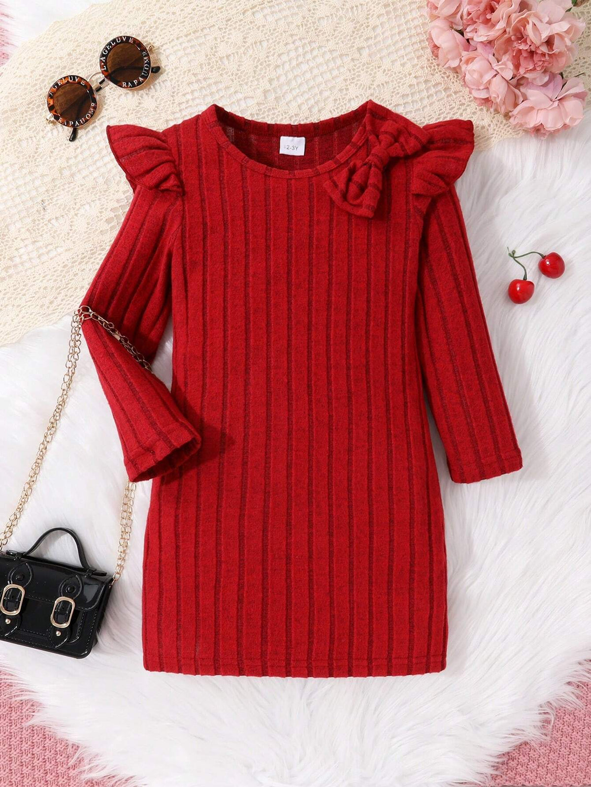 Toddler Girls Cute Bow Shoulder Ruffle Trim Soft Elegant Dress