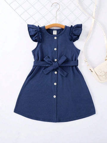 Toddler Girls" Cute Casual Ladylike Round Neck Flare Sleeve Dress For Summer