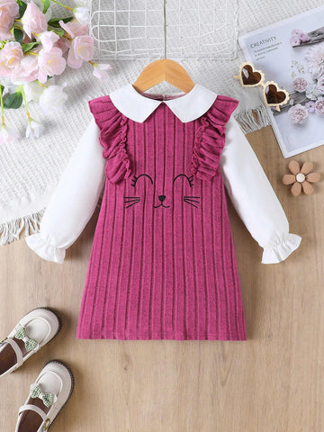 Toddler Girls' Cute Cat Embroidery Peter Pan Collar Long Sleeve Corduroy Dress