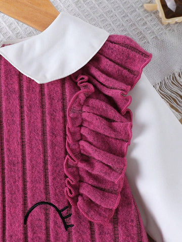 Toddler Girls' Cute Cat Embroidery Peter Pan Collar Long Sleeve Corduroy Dress