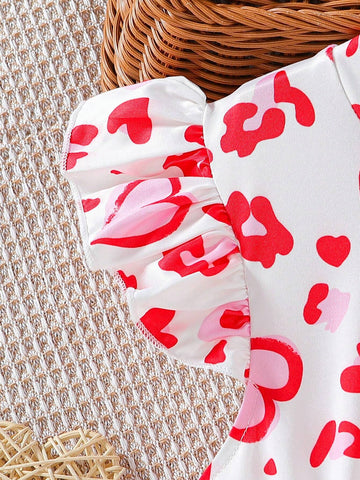 Toddler Girls Cute Pink Leopard Heart Printed Sleeveless Dress With Floral Lace For SpringSummer