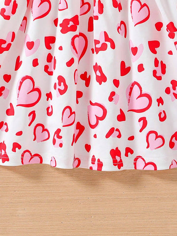 Toddler Girls Cute Pink Leopard Heart Printed Sleeveless Dress With Floral Lace For SpringSummer