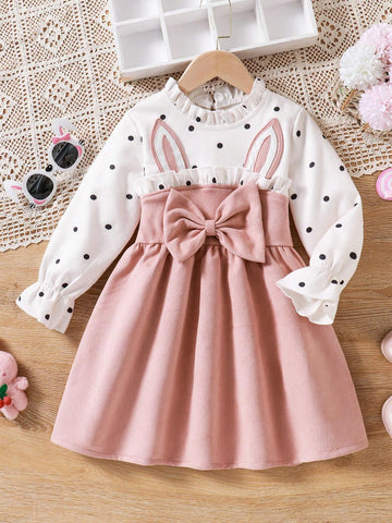 Toddler Girls Cute Polka Dot Patchwork Rabbit Ear Bow Ruffle Collar Long Sleeve Dress, Fall Winter New