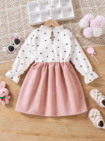 Toddler Girls Cute Polka Dot Patchwork Rabbit Ear Bow Ruffle Collar Long Sleeve Dress, Fall Winter New