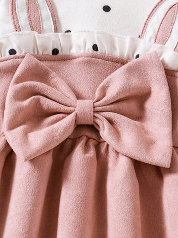 Toddler Girls Cute Polka Dot Patchwork Rabbit Ear Bow Ruffle Collar Long Sleeve Dress, Fall Winter New