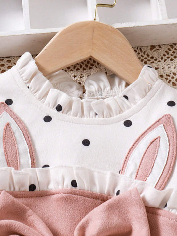 Toddler Girls Cute Polka Dot Patchwork Rabbit Ear Bow Ruffle Collar Long Sleeve Dress, Fall Winter New