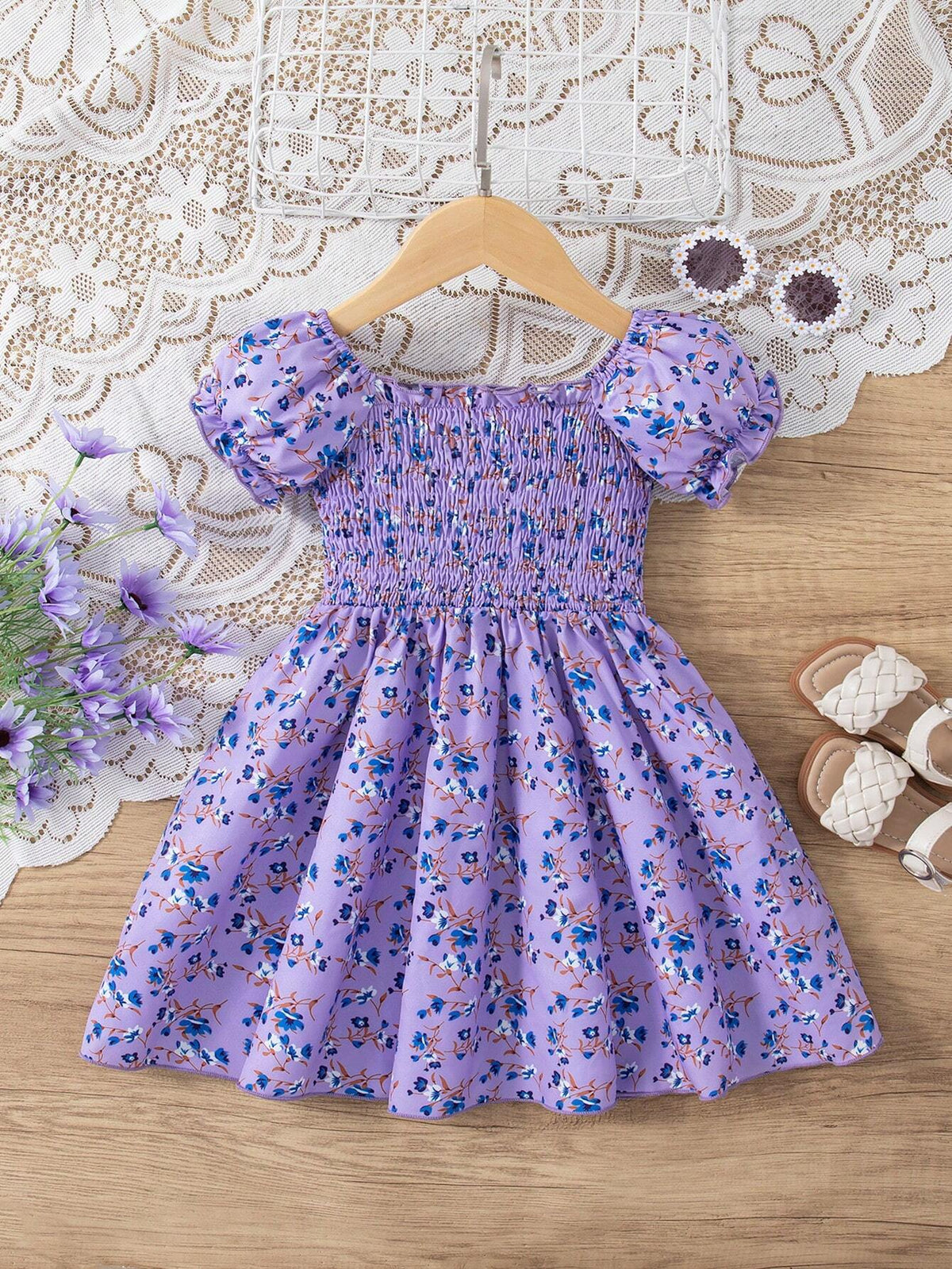 Toddler Girls' Cute Puff Sleeve Full Allover Print Casual Dress