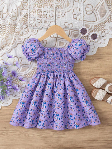 Toddler Girls' Cute Puff Sleeve Full Allover Print Casual Dress