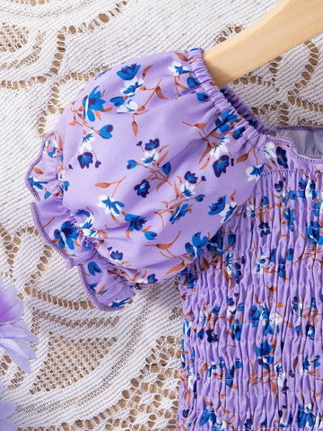 Toddler Girls' Cute Puff Sleeve Full Allover Print Casual Dress