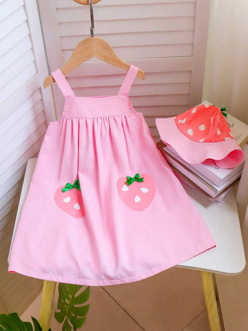 Toddler Girls' Cute Strawberry Printed Suspender Dress For Summer