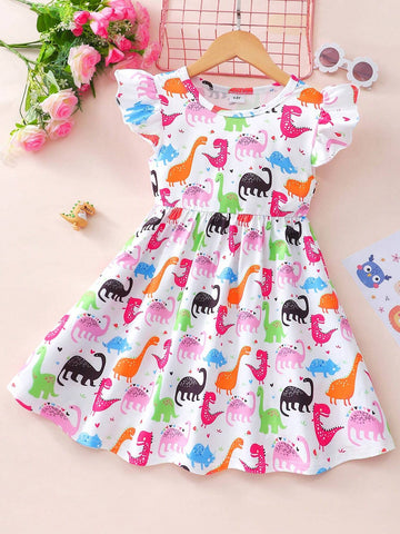Toddler Girls' Dinosaur All-Over Print Casual Cap Sleeve Dress