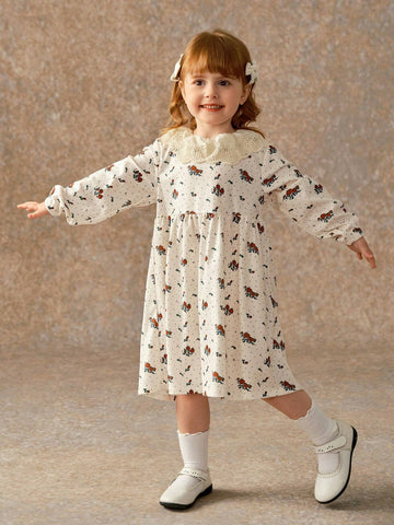 Toddler Girls' Ditsy Floral French Style Casual Long Sleeve Embroidery Collar Dress, Cute & Comfy For Early Autumn