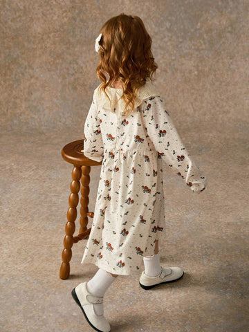 Toddler Girls' Ditsy Floral French Style Casual Long Sleeve Embroidery Collar Dress, Cute & Comfy For Early Autumn