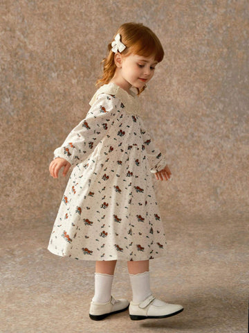 Toddler Girls' Ditsy Floral French Style Casual Long Sleeve Embroidery Collar Dress, Cute & Comfy For Early Autumn