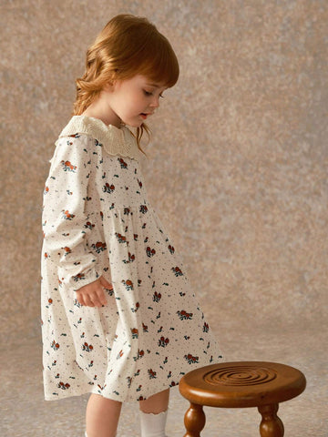 Toddler Girls' Ditsy Floral French Style Casual Long Sleeve Embroidery Collar Dress, Cute & Comfy For Early Autumn