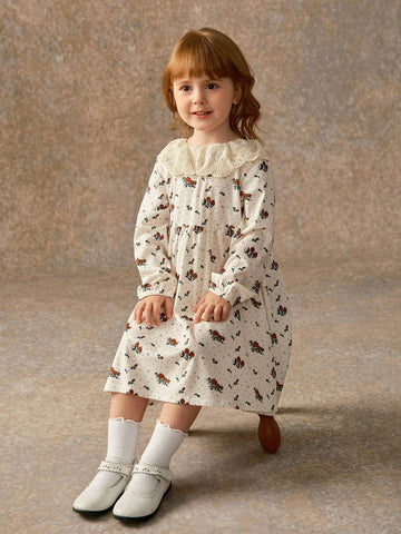 Toddler Girls' Ditsy Floral French Style Casual Long Sleeve Embroidery Collar Dress, Cute & Comfy For Early Autumn