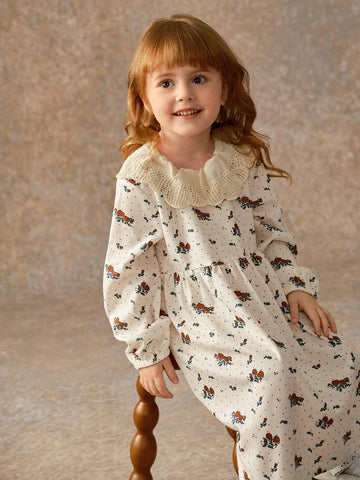 Toddler Girls' Ditsy Floral French Style Casual Long Sleeve Embroidery Collar Dress, Cute & Comfy For Early Autumn