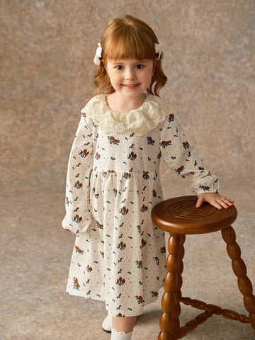 Toddler Girls' Ditsy Floral French Style Casual Long Sleeve Embroidery Collar Dress, Cute & Comfy For Early Autumn
