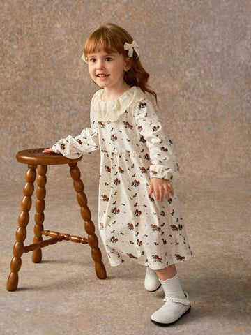 Toddler Girls' Ditsy Floral French Style Casual Long Sleeve Embroidery Collar Dress, Cute & Comfy For Early Autumn