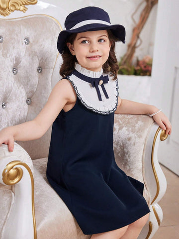 Toddler Girls' Elegant Academy Ladylike Vest Dress With Bowknot Belt, Ruffle Hem And Ribbon-Tied Collar, Deep Blue Color, Knee Length, Comes With Princess Hat. Suitable For Summer, Parties, School, Back-To-School Season, Playing Piano, Attending Weddings.