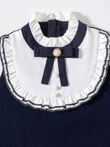 Toddler Girls' Elegant Academy Ladylike Vest Dress With Bowknot Belt, Ruffle Hem And Ribbon-Tied Collar, Deep Blue Color, Knee Length, Comes With Princess Hat. Suitable For Summer, Parties, School, Back-To-School Season, Playing Piano, Attending Weddings.