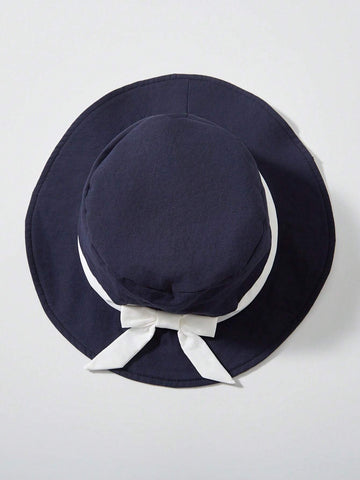 Toddler Girls' Elegant Academy Ladylike Vest Dress With Bowknot Belt, Ruffle Hem And Ribbon-Tied Collar, Deep Blue Color, Knee Length, Comes With Princess Hat. Suitable For Summer, Parties, School, Back-To-School Season, Playing Piano, Attending Weddings.